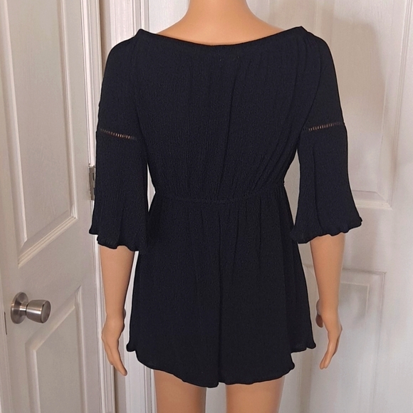 Love, Fire Mid-Length Sleeve Black Romper Shorts with Embroidered Floral Design - Picture 5 of 14